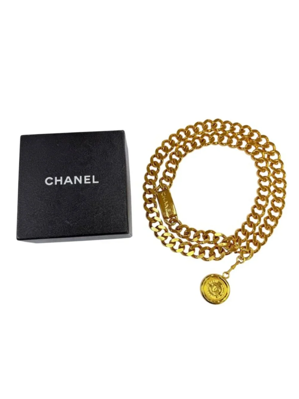 Chanel Vintage Metal Logo Plate CC Coin Chain Belt Gold